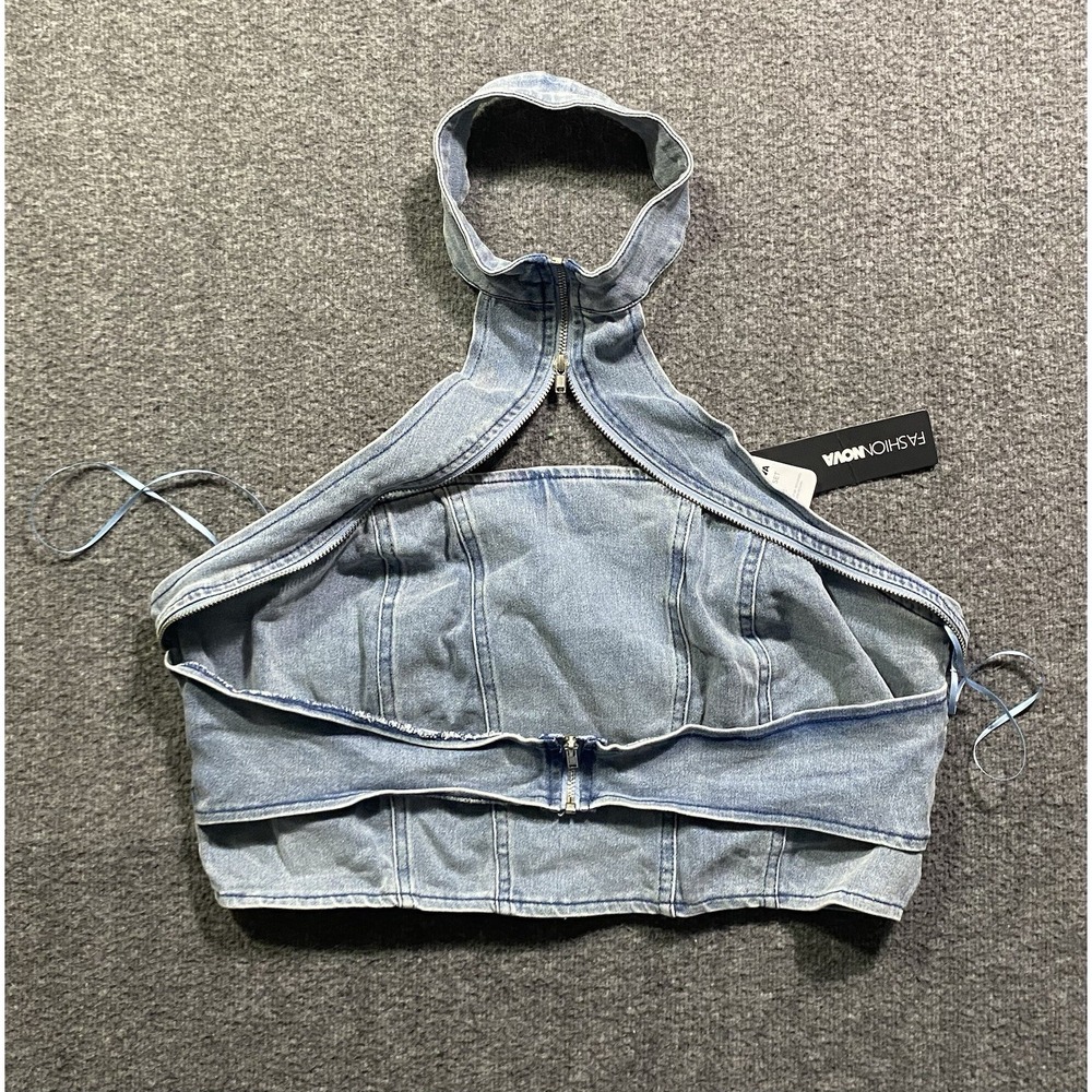 Fashion Nova Denim Corset Crop Top Halter Neck Light Wash Blue XL